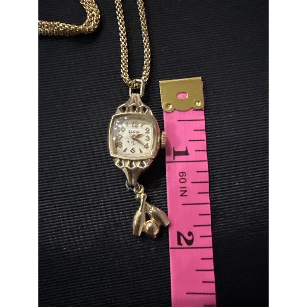 Vintage Elgin Women's Watch 10k RGP Bezel Stainless Back Gold Tone Necklace 30”